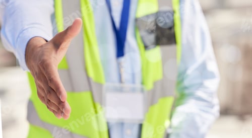 Preview: Engineering, shaking hands and offer for partnership, industrial meeting and agreement at construct