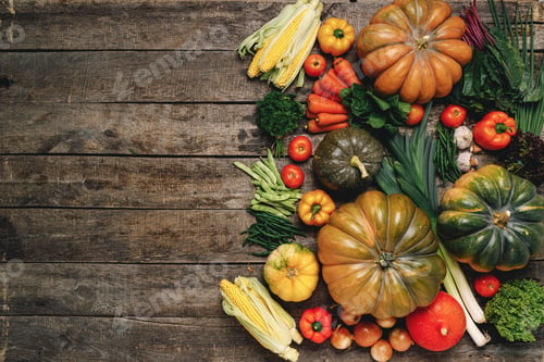 Preview: Beautiful arrengament of autumn vegetables on wooden table