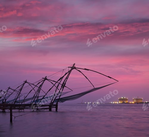 Preview: Chinese fishnets on sunset. Kochi, Kerala, India