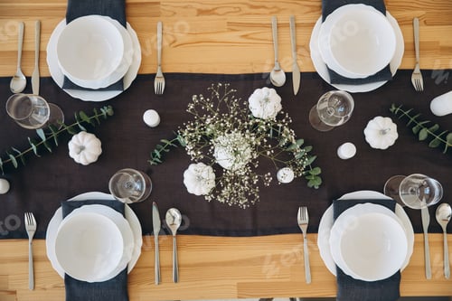 Preview: Thanksgiving table setting, tableware and decor, decoration, family holiday. Autumn mockup, top view