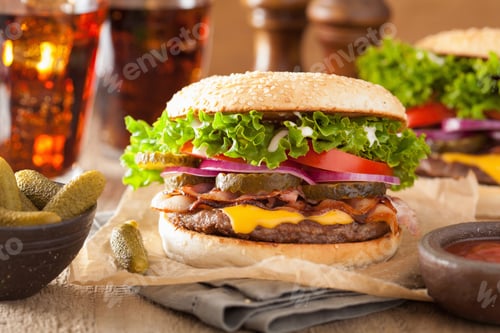 Preview: bacon cheese burger with pickles tomato onion