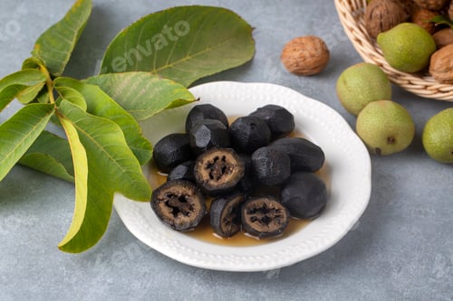 Preview: Handmade jam made from green fresh walnuts. Organic walnut jam and walnuts.