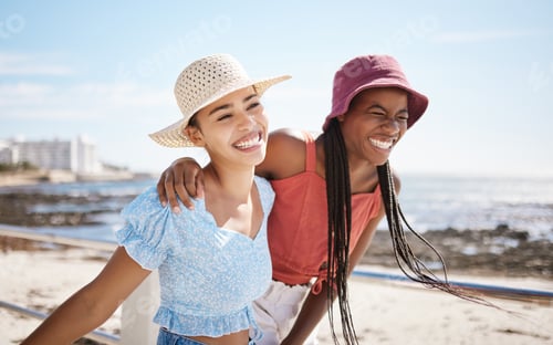 Preview: Smile, love and gay or lesbian with black couple women bonding at beach or sea in summer. Freedom,