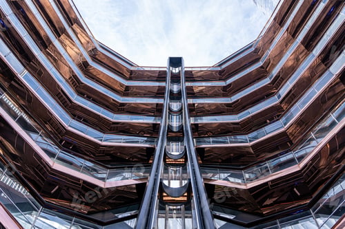 Preview: Low angle of modern building at Hudson Yards under high skyscrapers in New York City USA