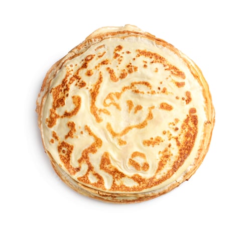 Preview: Stack of thin pancake on white background, top view