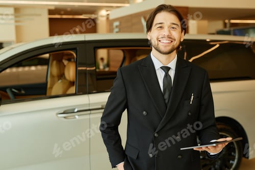 Preview: Portrait of Male Auto Dealer in Suit at Car Dealership Center