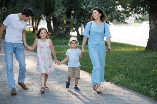 Preview: Family couple with daughter and son are walking along the path in the summer park.