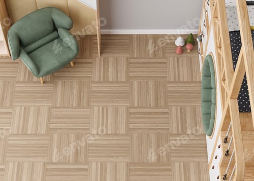 Preview: Room mock up for carpet. Children's room interior in scandinavian, contemporary style. Top view.