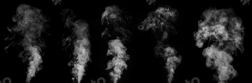 Preview: A perfect set of five different mystical curly white steam or smoke on a black. Fog or smoke set