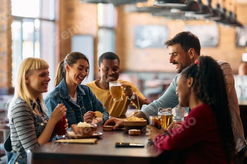 Preview: Young happy friends enjoying in gathering in a pub.