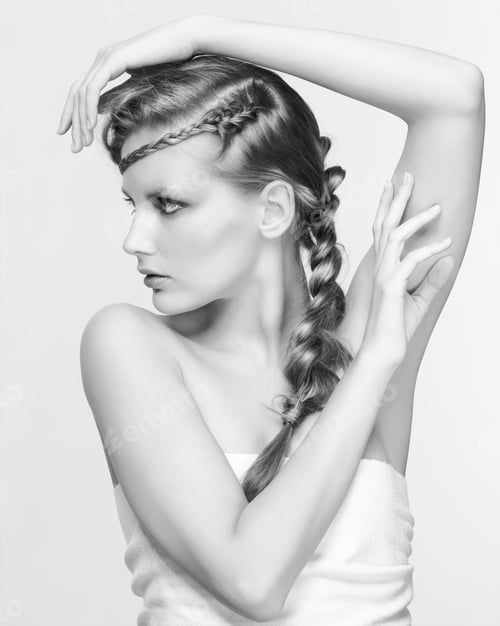 Preview: Black And White Portrait In High Key Tone Of Beautiful Young Dark Blonde Woman With Creative Braid