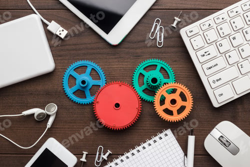 Preview: Workflow And Teamwork Concepts With Colorful Gears And Different Gadgets