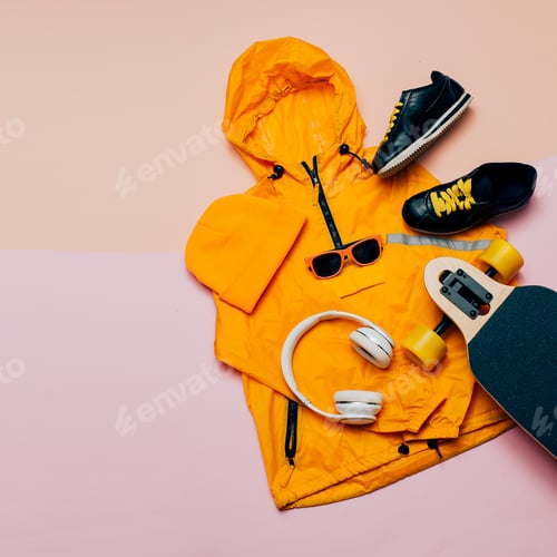 Preview: Jacket, headphones, skateboard. Urban style. Street Outfit