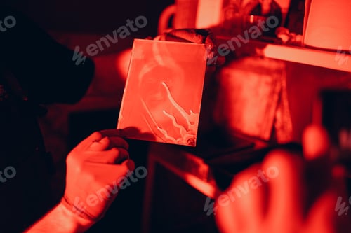 Preview: Photo development. Darkroom, Ambrotype. Red light.