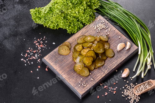 Preview: Tasty salty spicy pickled cucumber cut with rings on a wooden cutting board