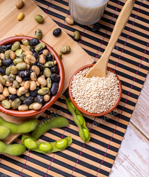 Preview: Top view of fresh soybean pods edamame soybeans with granulated soy lecithin and soy milk