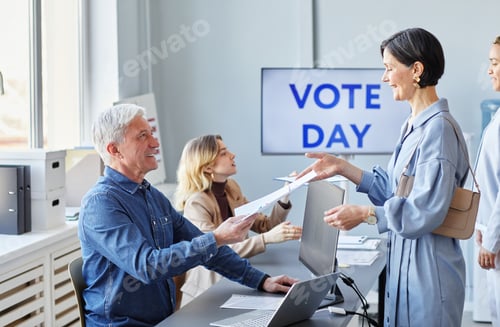 Preview: Smiling People at Voting Station Side View