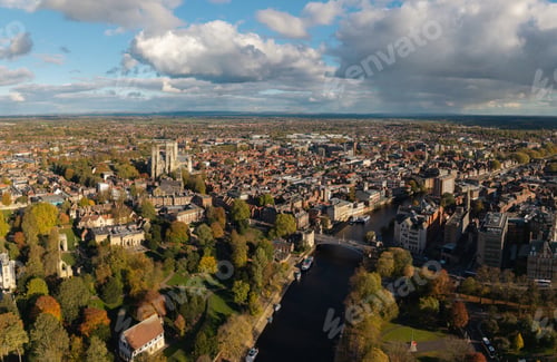 Preview: Aerial cityscape skyline panorama of York city centre with river Ouse and Minster church