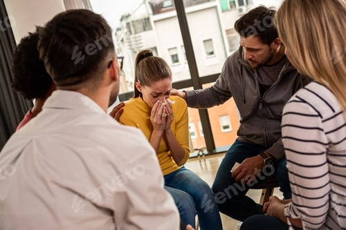 Preview: Diverse group of people sitting in circle in group therapy session.