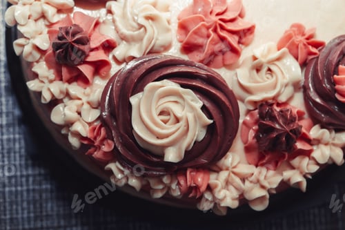 Preview: Pink cake with cream flowers on a dark background