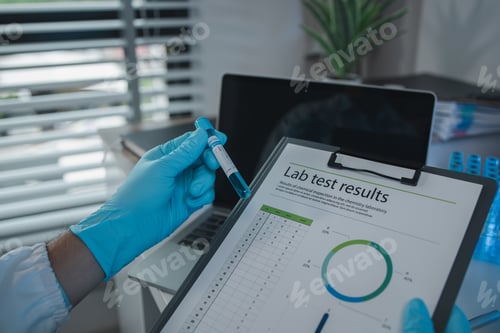 Preview: A scientist is reviewing lab results and documents receives from researchers involved in chemical te