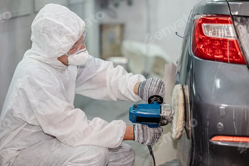 Preview: Garage car color repair wax coat and glossy polishing team staff working in auto workshop
