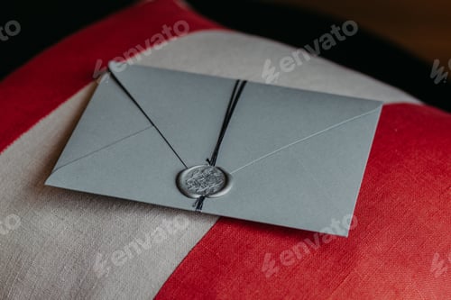Preview: elegant grey paper invitation card lies on sofa pillow. Invitation for anniversary or wedding