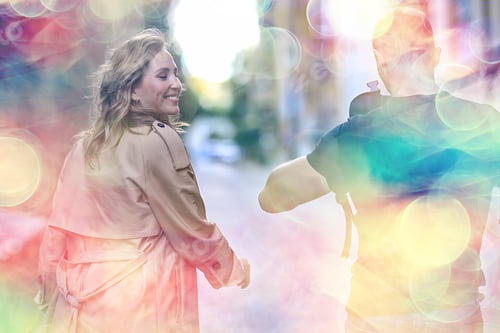 Preview: Spring Walk Guy And Girl Back View, Couple Walks In The City Seasonal View