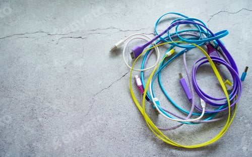 Preview: A bunch of colored wires for charging gadgets on a gray concrete background. Copy space