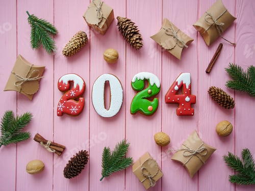 Preview: The numbers are gingerbread 2023 on a pink background
