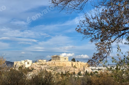 Preview: Athens, Greece. Parthenon and Propylaea, Acropolis hill and Herodeion. View from Philopappos hill