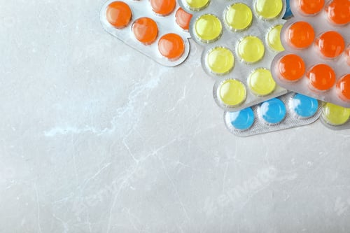 Preview: Blisters with color cough drops on light background, top view. Space for text