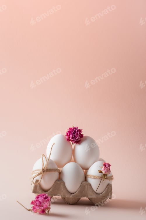 Preview: Banner postcard with Easter eggs and eco-decor of dried roses on a beige background.
