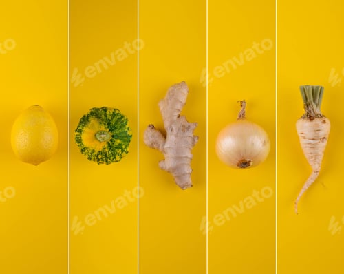 Preview: Collage of yellow vegetables and fruits.