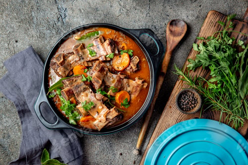 Preview: Beef ribs Bourguignon. Beef ribs stewed with carrot, onion in red wine. France dish