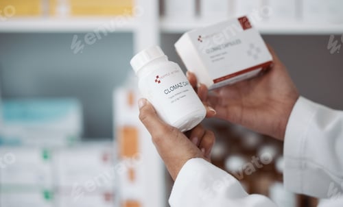 Preview: Hands, medicine or healthcare with a man in a pharmacy holding a box and container of antibiotics.
