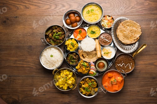 Preview: Indian assorted vegetarian food in plate and serving bowls