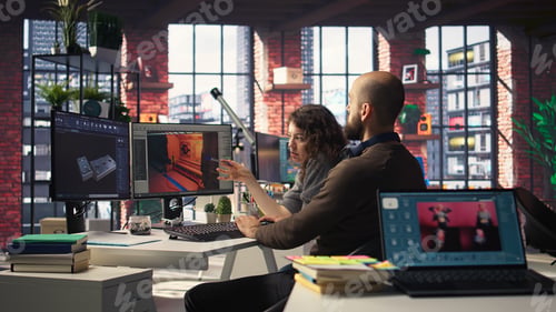Preview: Man and woman work with AI generated app to develop a futuristic spaceship