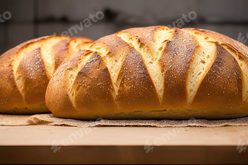 Preview: Sourdough bread with crispy crust on wooden shelf. bakery products