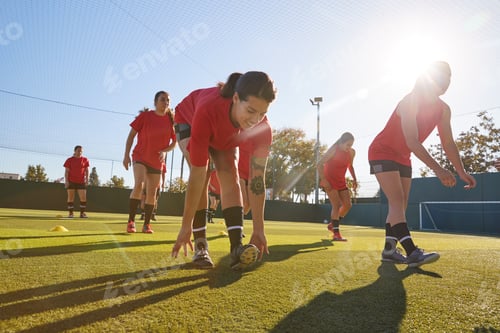 Preview: Womens Football Team Training For Soccer Match On Outdoor Astro Turf Pitch