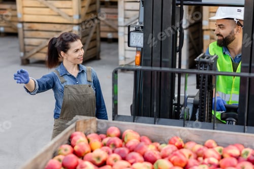 Preview: Forklift loading truck with container full of red apples. Fruits and food distribution to market