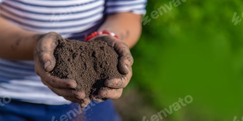 Preview: The child holds soil in the garden. Selective focus.