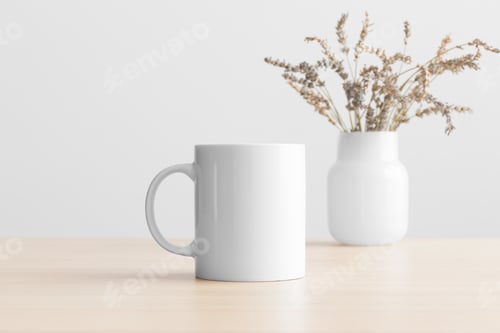Preview: White mug mockup with a lavender decoration on the wooden table.