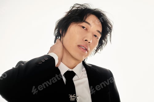 Preview: Young asian man exudes modern charm in a stylish black suit against a clean backdrop