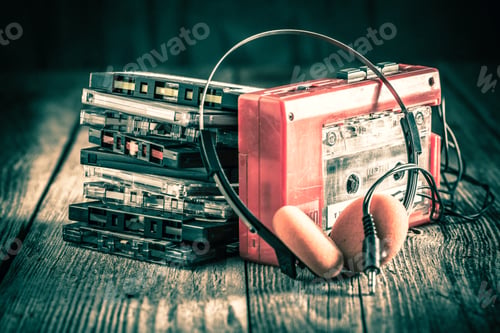 Preview: Classic cassette tape with headphones and walkman