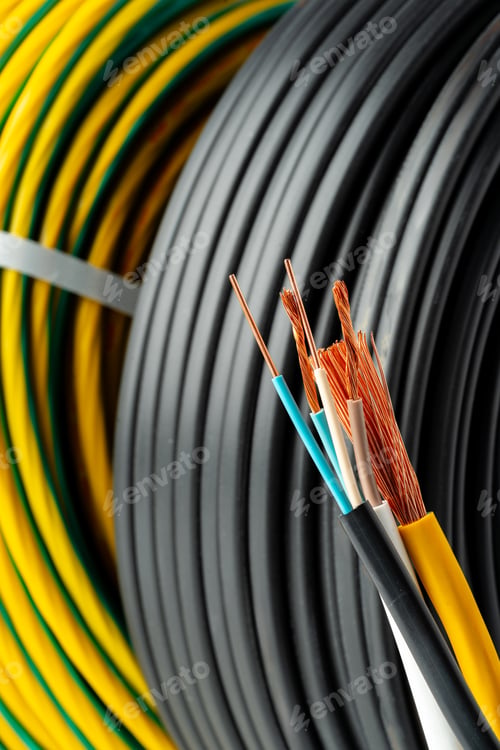 Preview: Closeup of Stripped Electrical Wires Against Rolled Cable