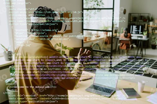 Preview: Black Man In VR Headset Coding In Modern Office