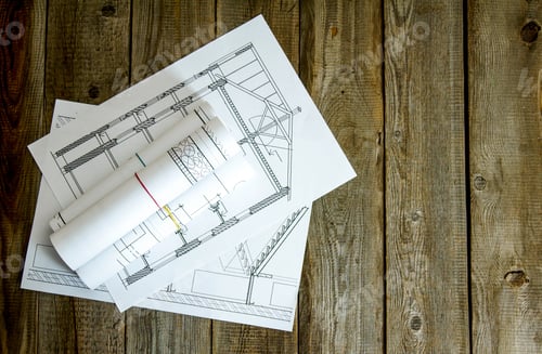 Preview: Many drawings for building on old wooden background.