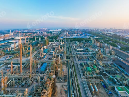 Preview: Aerial view of petrochemical oil refinery and sea in industrial engineering concept in Bangna