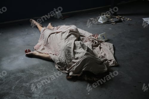 Preview: Body of woman lying on ground, contract killing, revenge or robbery, horror
